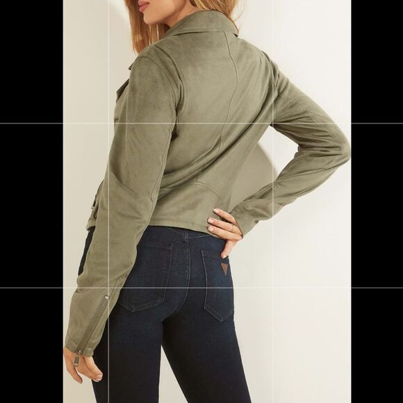 GUESS Suede Olive Army Or Hunter Green Adelaide Moto Jacket - Picture 4 of 4